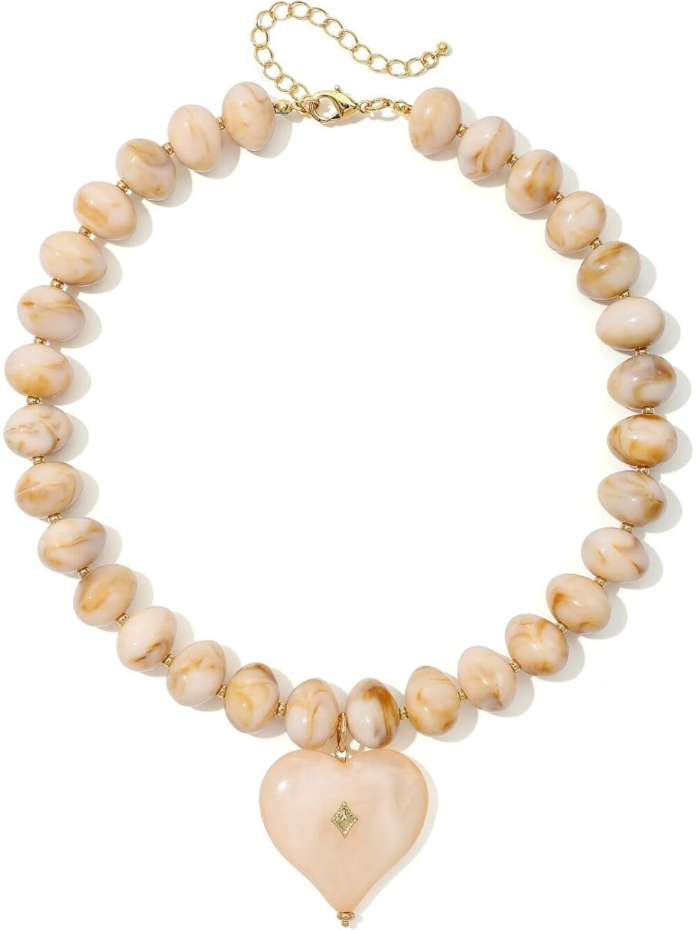 Women's Beige Acrylic Chunky Beaded Heart Pendant Necklace Choker Jewelry